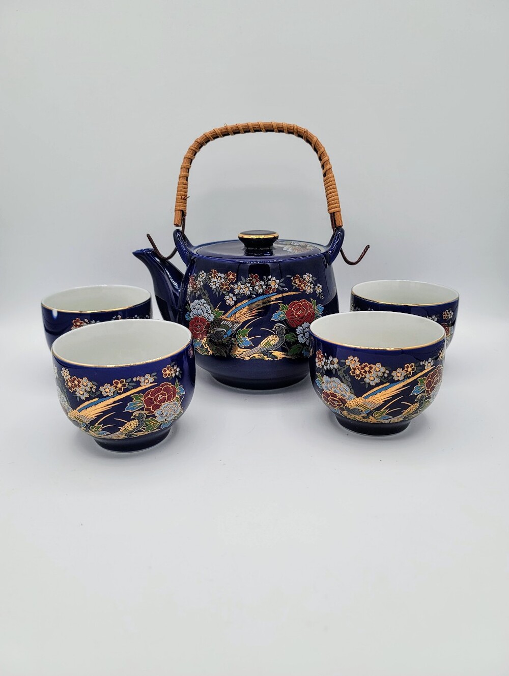 Japanese Cobalt Blue Tea Set Kutani Style Gold Pheasant Teapot Cups Vintage
